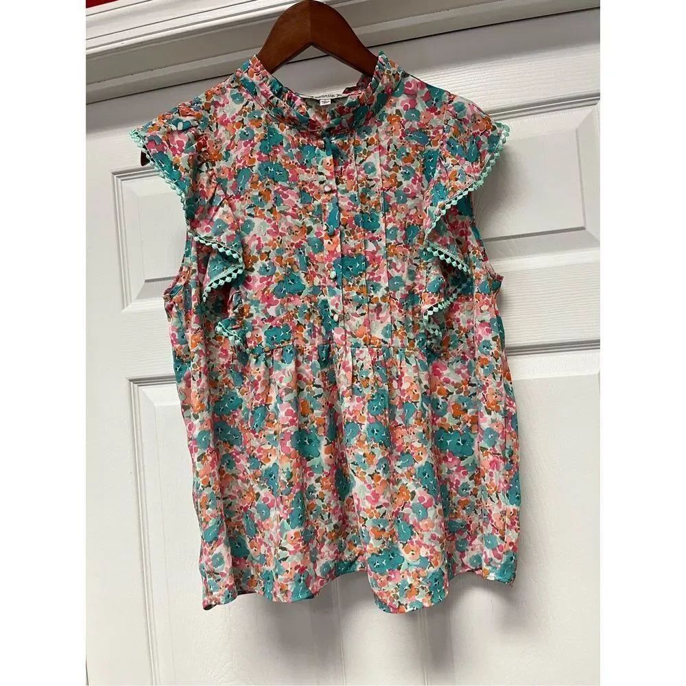 Nanette Nanette LePore Green & Pink Lace Dot Trim Romantic Blouse sz L EUC